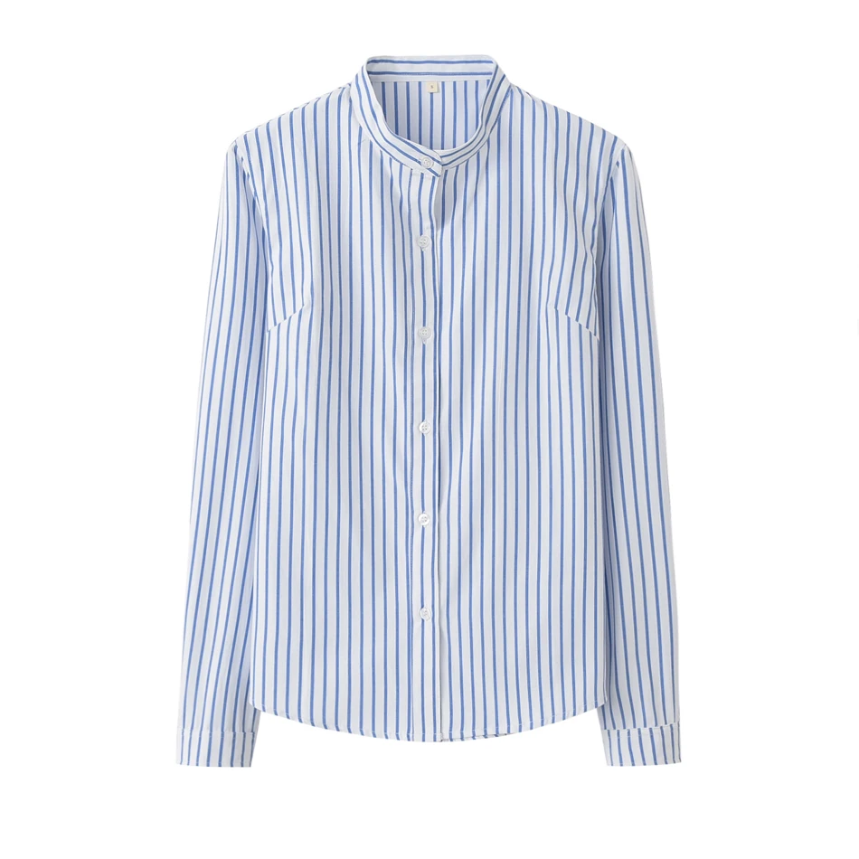 Бренд EYM, полосатая женская блузка, новая мода размера плюс, женские рубашки с длинным рукавом, женские блузки со стоячим воротником, топы в синюю и белую полоску - Цвет: TH1864