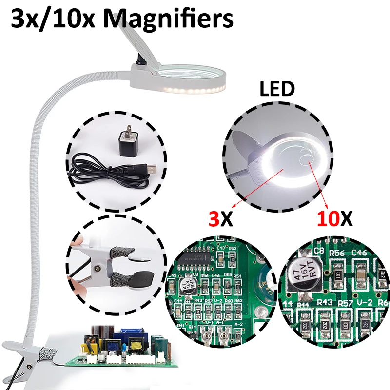 Лупа с подсветкой Гибкая увеличительное стекло с настольная Светодиодная лампа лупы Многофункциональный клип на стол микроскоп 3X 10X в 1