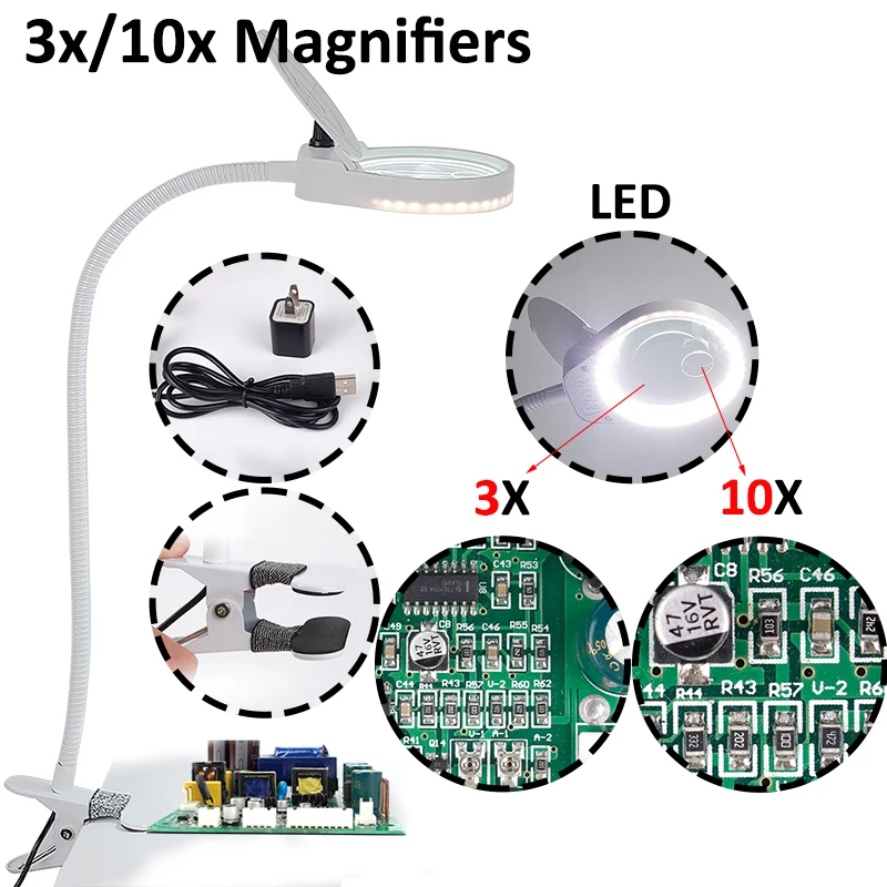 

3/10X large Magnifying glass led magnification repair clip table magnifier for embroidery reading eyelash extension phone 3d