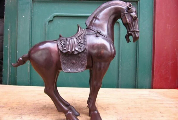 

S0737 12"Chinese vintage Pure Bronze Carved Lucky Tang Horse D0318