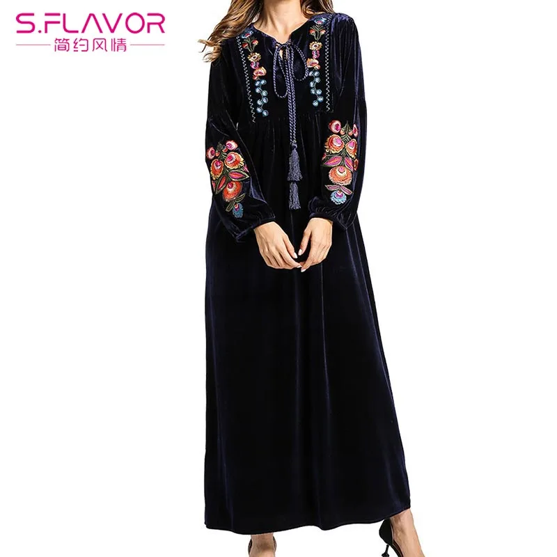 

S.FLAVOR Autumn Winter Women Long Sleeve Lace Up Collar Velvet Dress Flower Embroidery Maxi Long Dress Warm Black Velvet dress