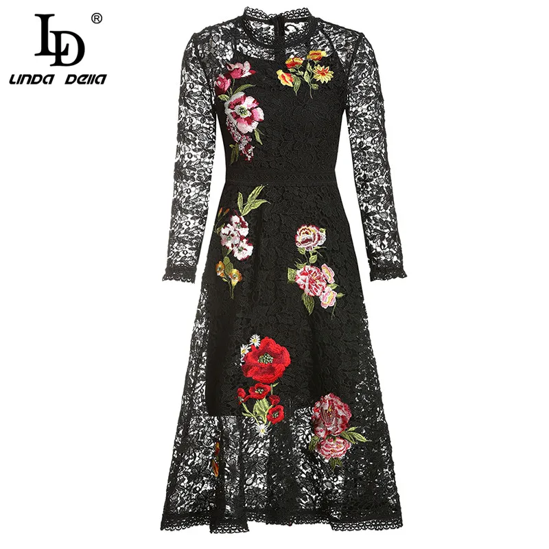 Женское винтажное платье LD LINDA DELLA черное с рукавом 3/4 и кружевной цветочной