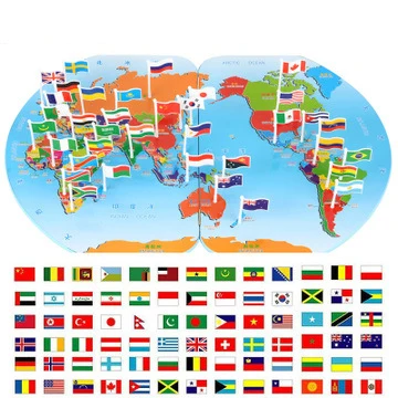 

Wooden Map of the World national Plastic flag Stereo toy Child Puzzle early Learning toy