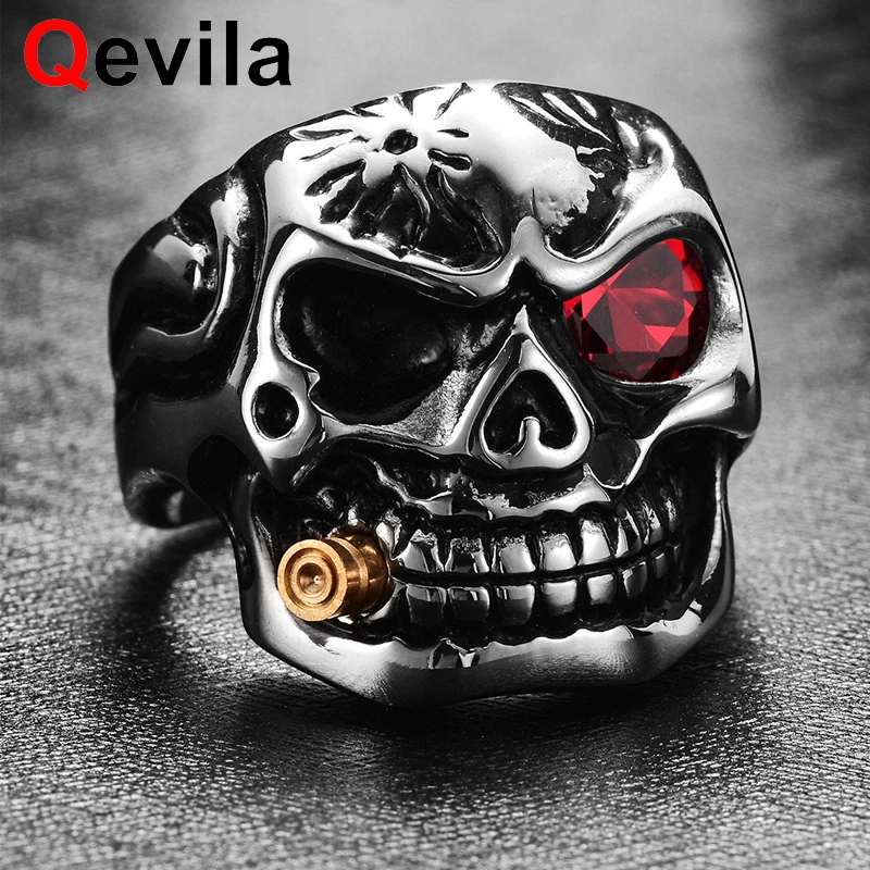 

Qevila New Fashion Punk Domineering Smokes Skull Head Finger Ring For Men Knuckle Gothic Jewelry Silver Color Biker Rings Male