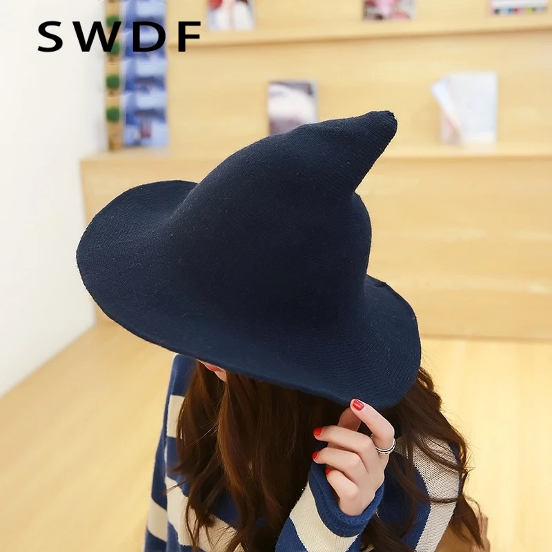 

SWDF Women Modern Witch Hat Men Along Female Fashion Witch Pointed Basin Bucket Hat The Sheep Wool Cap knitting Fisherman Hats