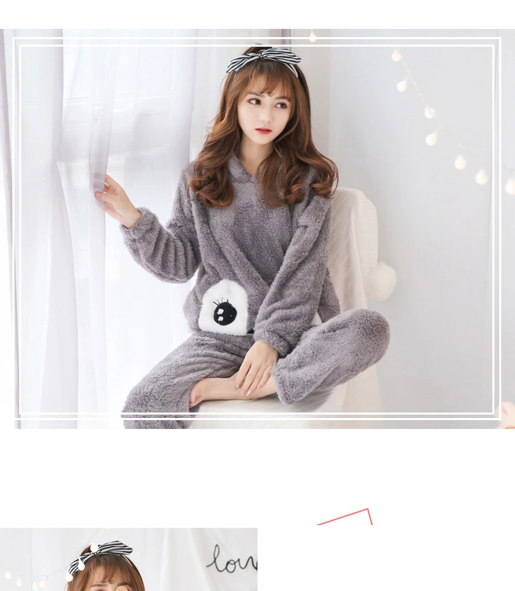 Women Cartoon Pajamas Hooded Clothing Two Piece Suits Night Wear Clothes Female Winter Autumn Pajama Nighty Flannel 2018 JW307 (11)