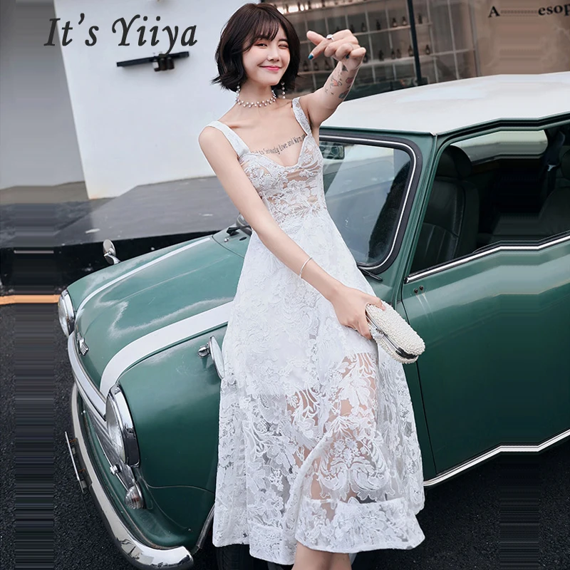 

It's Yiiya Prom Dress White Lace Sweetheart Women Party Night Dresses Backless Vestidos De Gala 2019 Sleeveless Prom Gowns E694