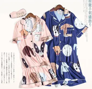 

2019 New Women Lovers Ice Silk Cartoon Animal Print Short Sleeve Shorts Nightwear Sleepwear Home Clothes 3 Piece Pajama Sets