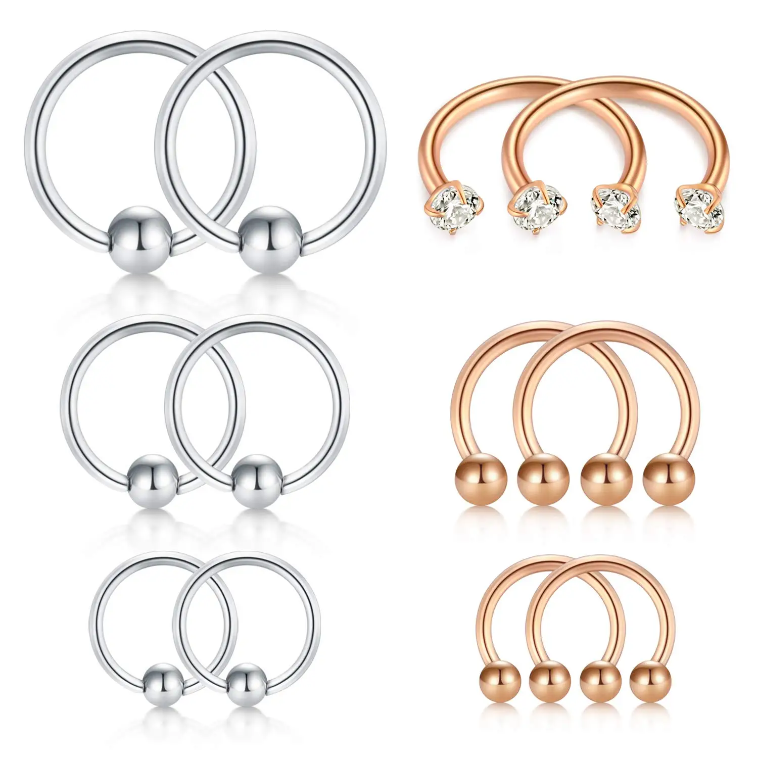 

JFORYOU 16G Surgical Steel Horseshoe Fake Captive Bead Nose Septum Hoop Jewelry Eyebrow Lip Helix Tragus Earring Piercing 8-12mm