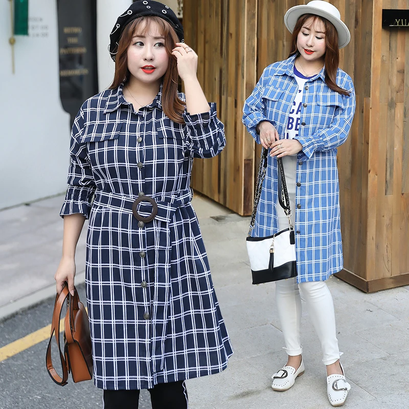 

Korean Style Casual Cotton Slim Full Sleeve Long Plaid Adjustable Waist Plus Size XL-4XL Women Trench 2019 Spring New Top Coats