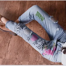 Женские джинсы с цветочной вышивкой, Рваные Джинсы бойфренда для женщин, Харадзюку, женские брюки с принтом, Стрейчевые брюки