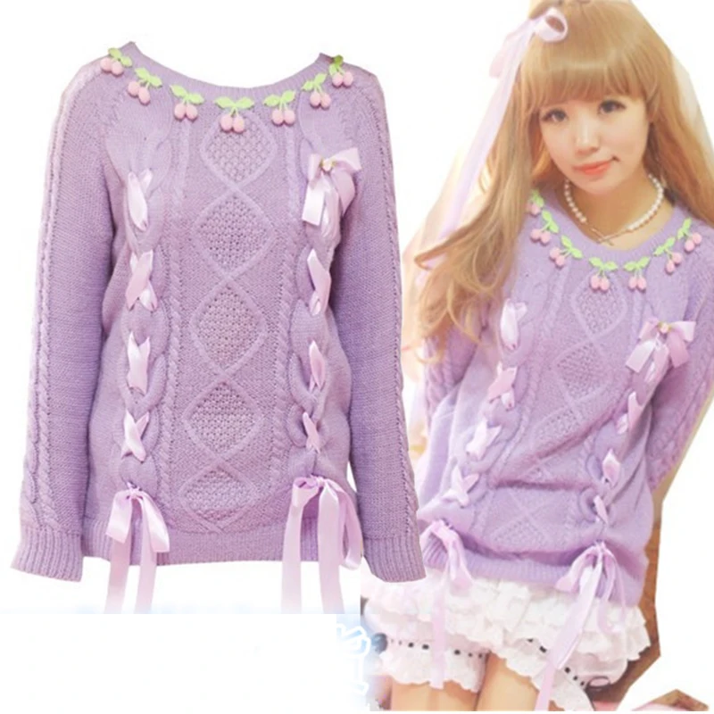 New Arrival Autumn Winter Women Purple Princess Sweaters Cute Slim Pullovers Lolita Kawaii Girl Sweater Free