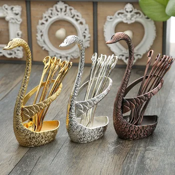 

European-style retro embossed metal silver swan fruit fork dessert coffee spoon fashion tableware 7 sets of kitchen utensils