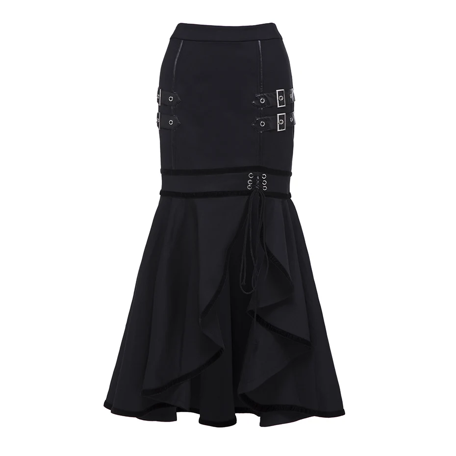 Black Skirt Sisjuly, Готическая повязка с блестками, на шнуровке, черная, макси юбка русалки, женская, ассиметричная, с разрезом, весна-лето, длинная юбка с оборками - Цвет: Black Skirt