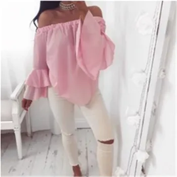 

New Fashion Women Blouse Off Shoulder Long Sleeve Tops Slash Neck Solid Color Comfortable Flare Sleeve Blouse Pullovers Tops