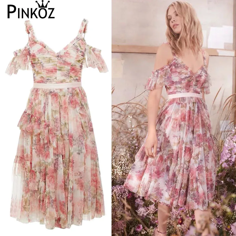 

Pinkoz Pink Rose Floral Print Women Sweet Spaghetti Strap Dress Pleats V-Neck Backless Ruffles Two Layer Mesh Tulle Party Dress