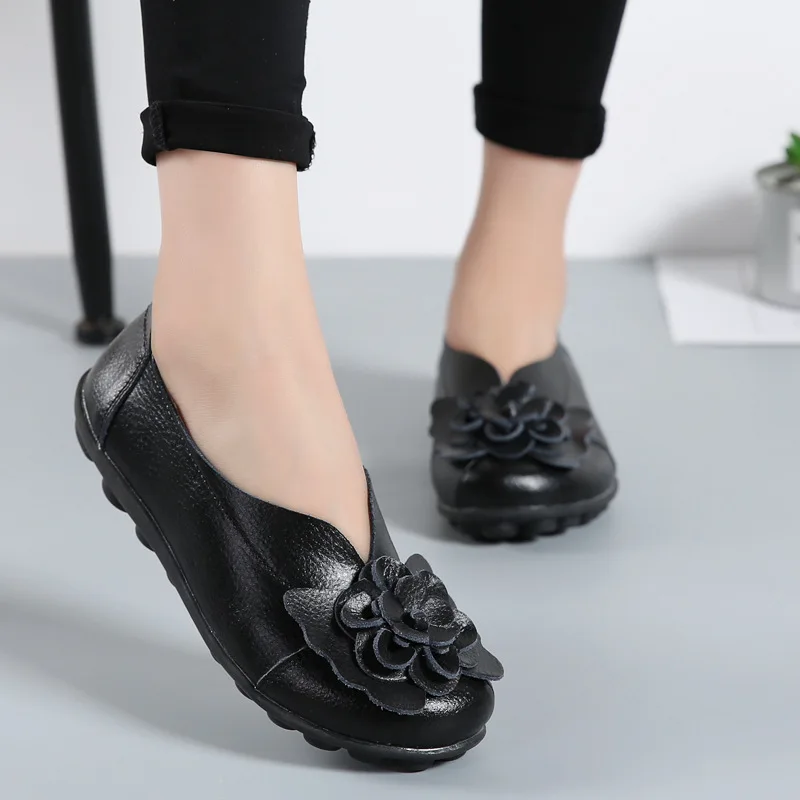 Женская обувь; Новинка года; обувь из натуральной кожи без застежки с цветочным принтом; Женская однотонная обувь на плоской подошве; лоферы с удобной подошвой - Цвет: Black