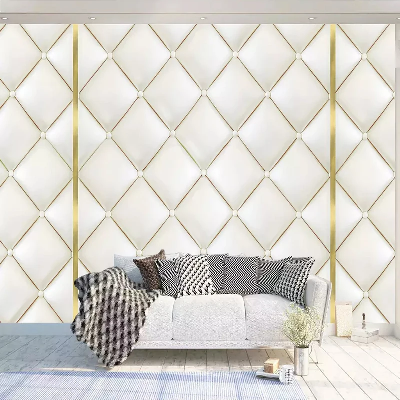 

Custom 3D Photo Wallpaper White Gold Line European Style Leather Soft Case Living Room Bedroom TV Background Decor Wall Murals