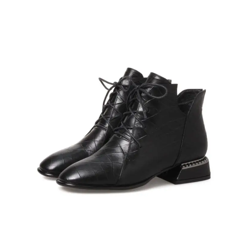 

Fashion Grey Black Brown Ankle Boots For Women Round Toe Low Square Heel Winter Shoes Woman Cross Tied Ladies Booties Zapatos