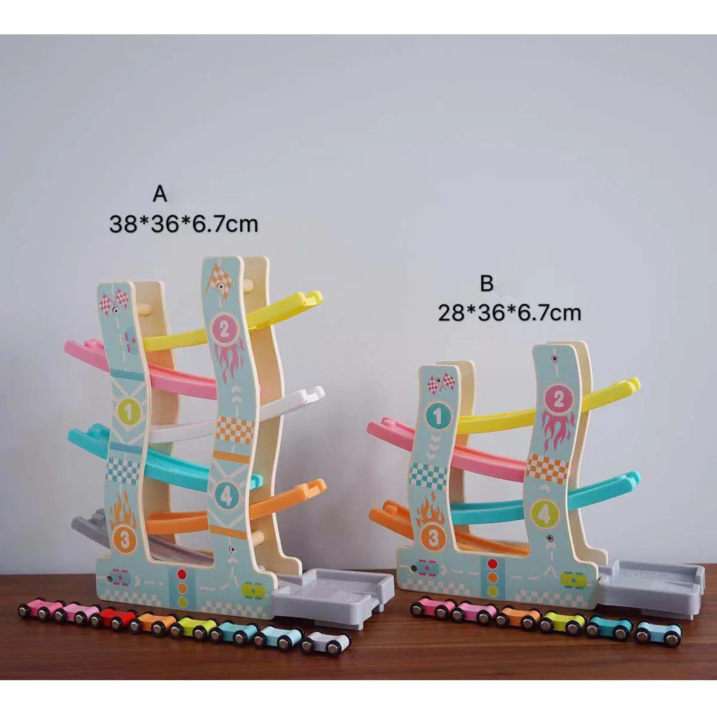 Wooden Slider Click Clack Race Track Playset with 6 Race Cars, Kids Toddlers Preschool Educational Toy, 6 Levels