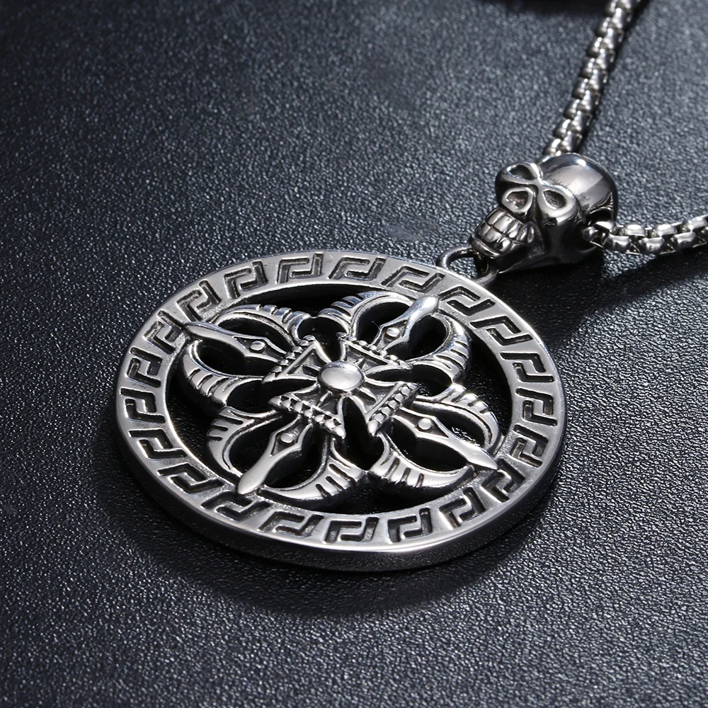 

316L Stainless Steel Cross Skull Greek Key Circular Maxi Pendant Necklace for Men Women Amulet Jewelry