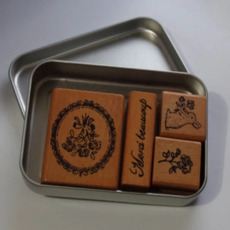 

4pcs iron tin box badge holder & accessories including wood laser stamping set for DIY Scrapbooking 6 designs