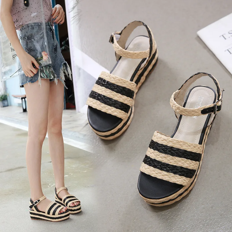 

Female Sandal Fashion Womens Shoes 2019 Open Toe High Heel Sandals Espadrilles Platform All-Match Clogs Wedge Buckle Strap