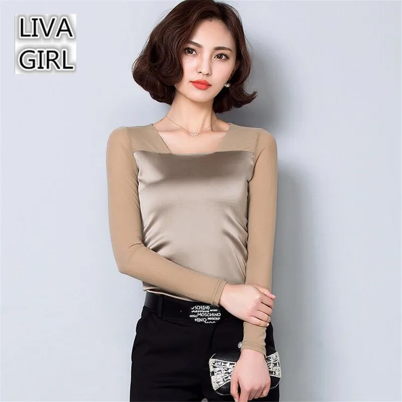 Plus Size M-XXXL 2017 Autumn Blending Silk Made Women T-shirt Top Tees Casual Women T shirt Summer Tshirt Tops For Women