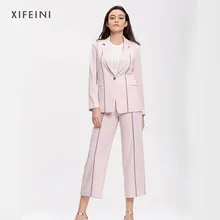 XIFEINI 2018 Fashion Formal Two Piece Set For Women Elegant High Waist Pants+Tops Women’s Suits Pink Simple Office Business Sets