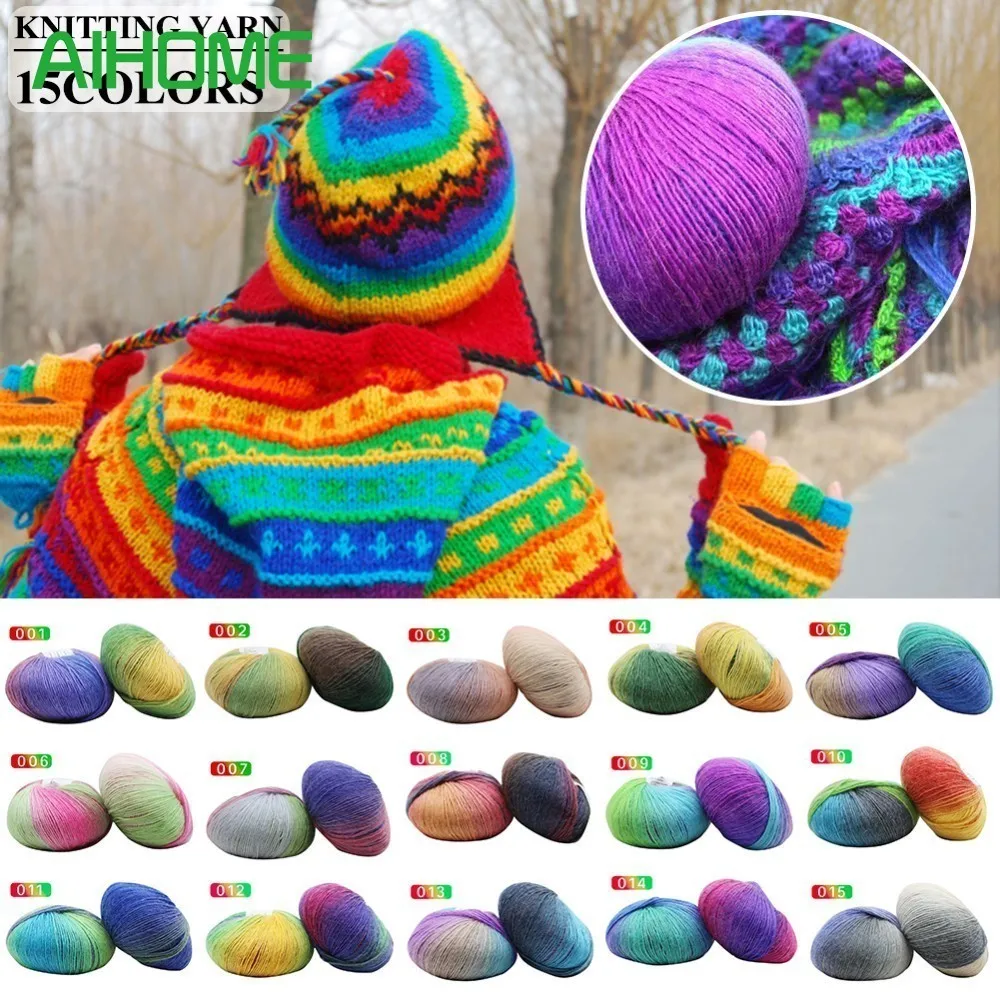 15 цветов радуги чистая шерсть градиент цвет толстый игла швейный крючок шаль шляпа шарф шерсть Вязание Пряжа