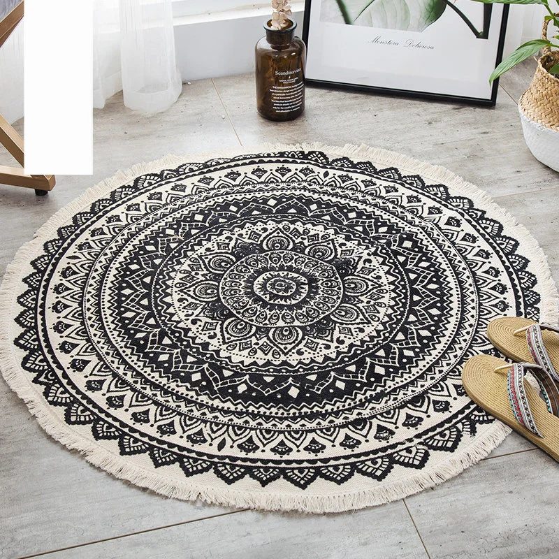 Mandala Retro Ethnic Cotton Linen Round Carpet for Living Room Modern Bedroom Anti Slip Round Rugs Floor Home Carpet Kitchen Mat