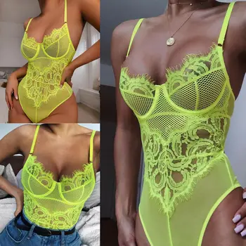 

Women Lace Strappy Jumpsuit Babydoll Sleepwear Bodysuit Perspective Mesh Hollow Out Playsuits Club Wear Green