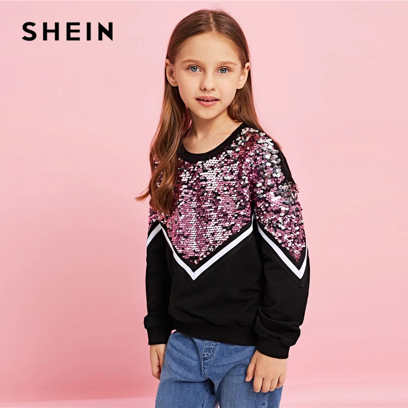 SHEIN/Детский Повседневный пуловер с контрастными пайетками; толстовки для девочек; топы; коллекция года; Весенняя Корейская одежда с длинными рукавами для детей и подростков