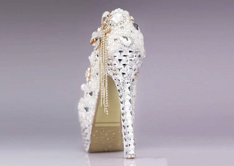 13_Womens Wedding Luxury Shoes Sale Online Diamond Bow Super High Heel Platform Crystal Tassel Pearl Bridal Pumps High Quality