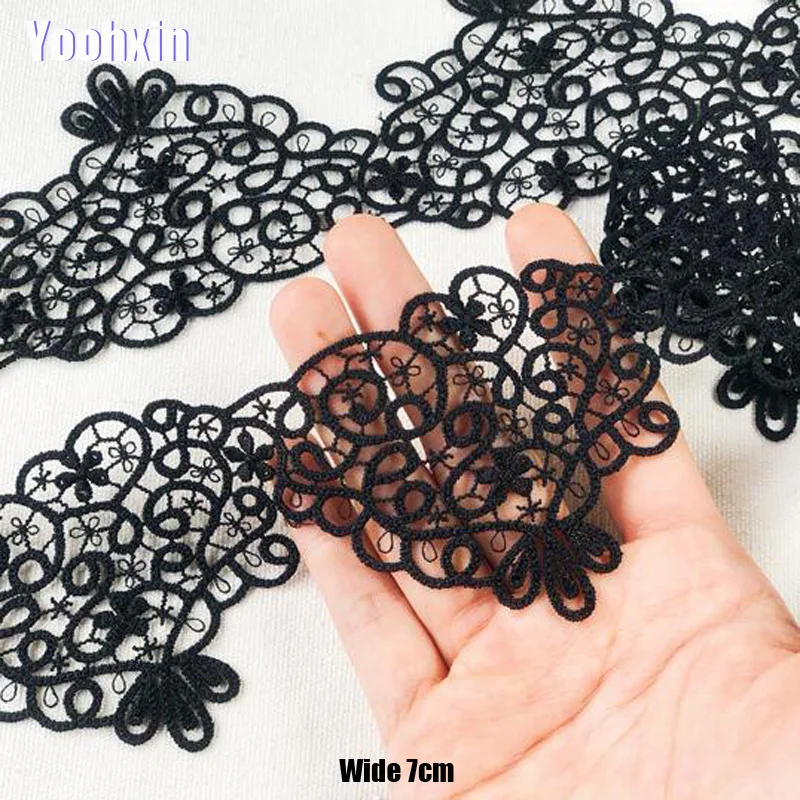 

7CM Wide HOT black Embroidery flower lace fabric trim ribbon DIY sewing bridal applique collar dubai guipure dress wedding decor