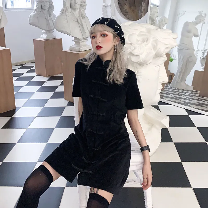 Китайский стиль темные платья для женщин Harajuku Вельветовая короткая рукав платье