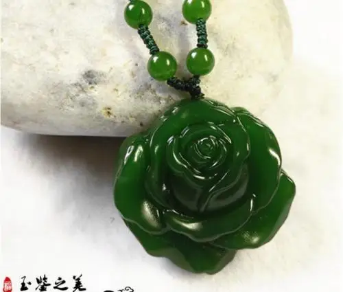 Natural Hand-carved white jade Peony Fan-shaped pendant necklace 