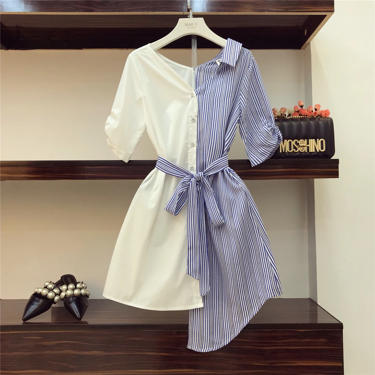 

2018 New Summer Fashion V Neck Short Sleeve Dress Irregular Color Block Elegant Slim Waist Striped Women Shirt Dresses
