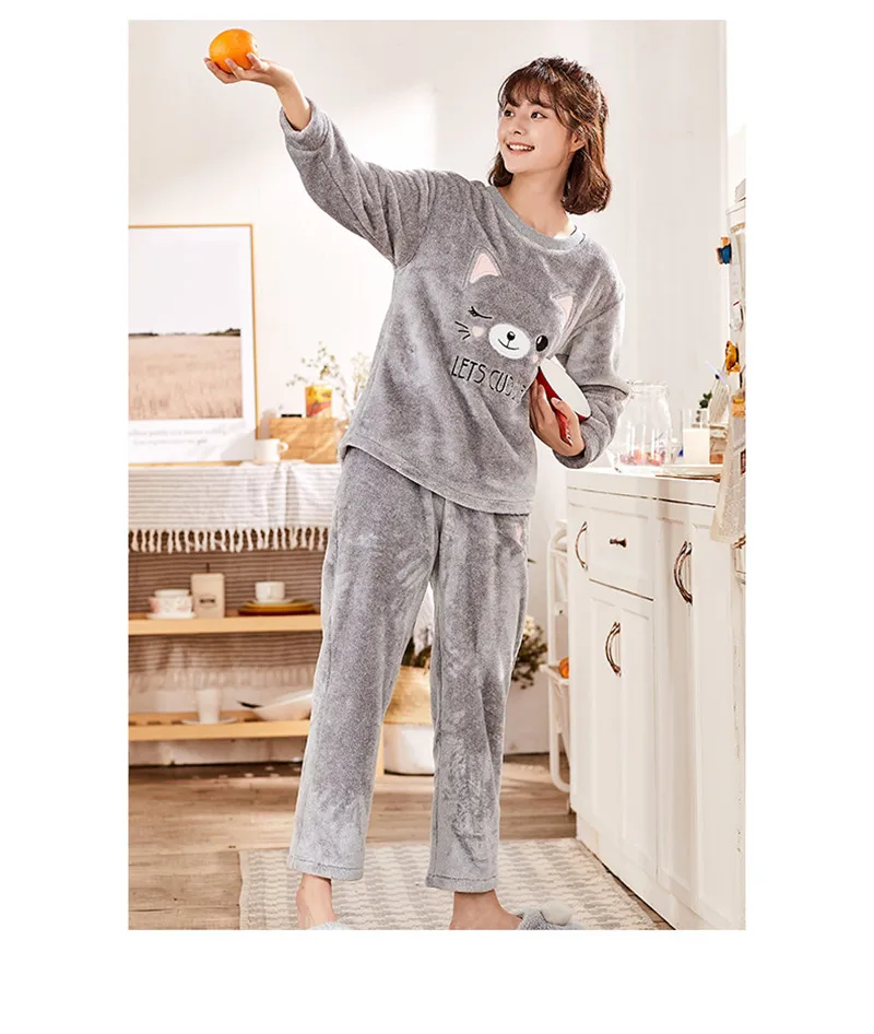 Женская зимняя Пижама с вышивкой в виде кота, Толстая теплая фланелевая Домашняя одежда,, топ, домашняя одежда, свободный размер, 2 предмета/костюм