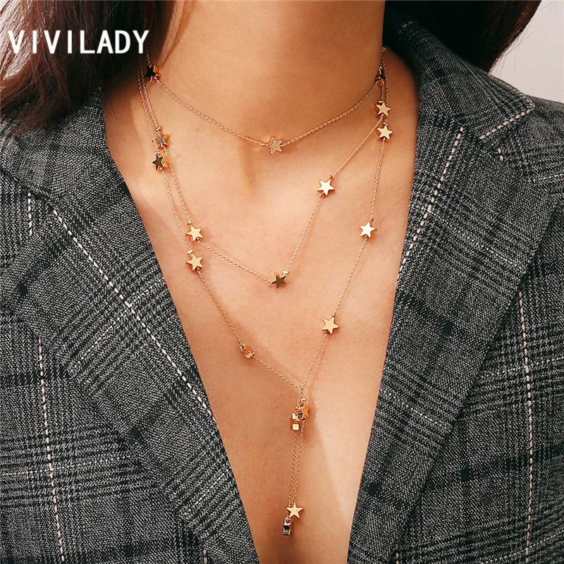 

VIVILADY Charming Multilayer Alloy Chic Small Star Women Chokers Necklaces Personality Trendy Brand Popular Party Major Bijoux