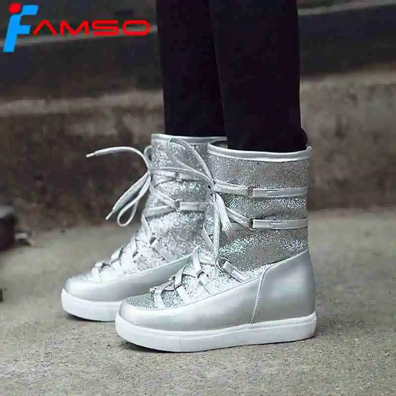 

FAMSO Size34-43 2019 New Fashion Women Boots Gold Silver Mid-Calf Riding Boots Winter Russia Keep Warm Waterproof Snow Boots