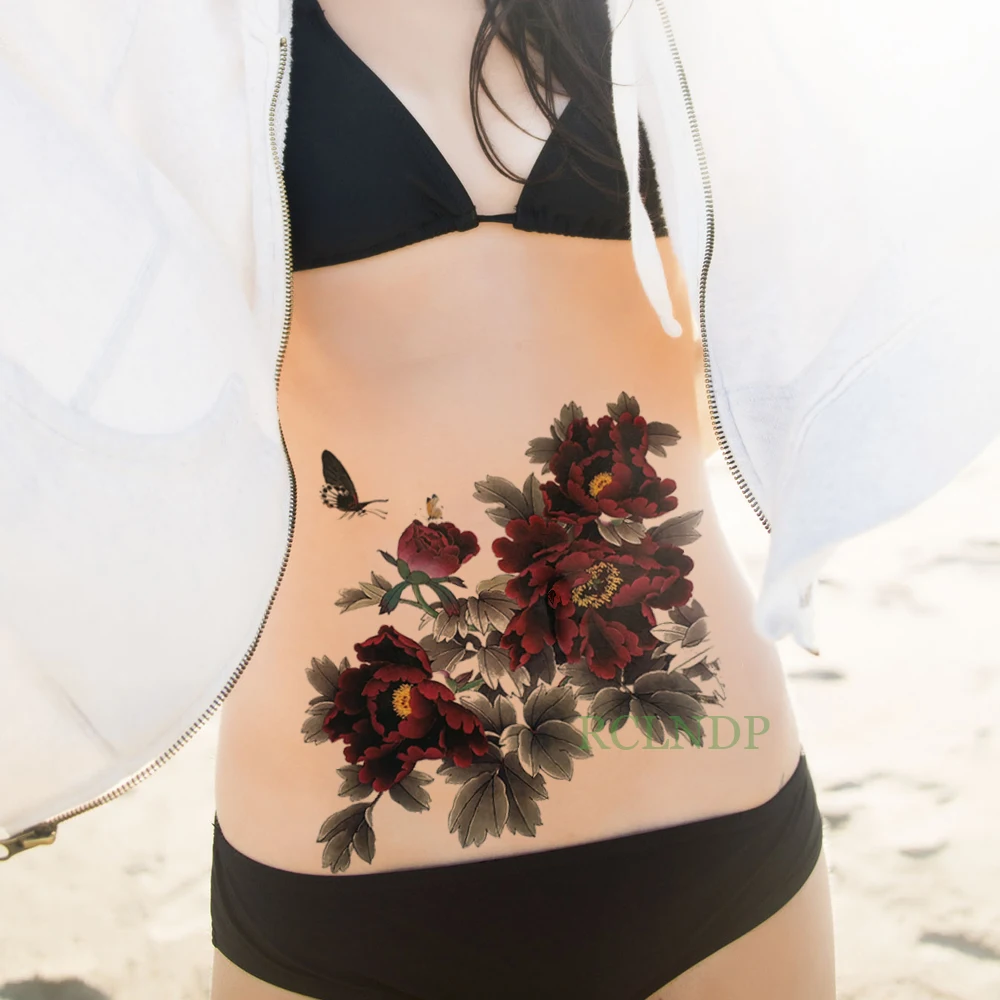 Водостойкая временная татуировка наклейка Пион цветок бабочка поддельные тату флэш-тату на тело назад живот большой размер для женщин мужчин девушек