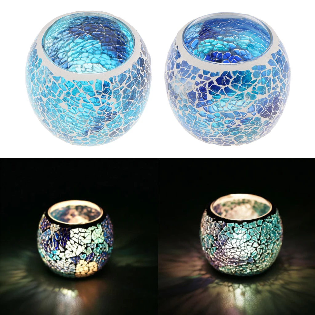 SOLUSTRE Mosaic Glass Candle Holder Romantic Nordic Glass Votive Tealight Holder Round Bowl Scented Candle Candlestick Centerpiece for Table Home Decor Without Candle Blue