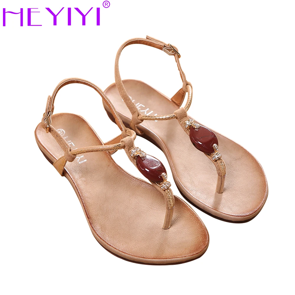 baratas Sandálias Flat Mulheres Sapatos Macios Sole EVA Gladiador Cobra Impressão Tanga Resina Pedra Grande Tamanho Ajustável cinta Sapatos de Praia HEYIYI