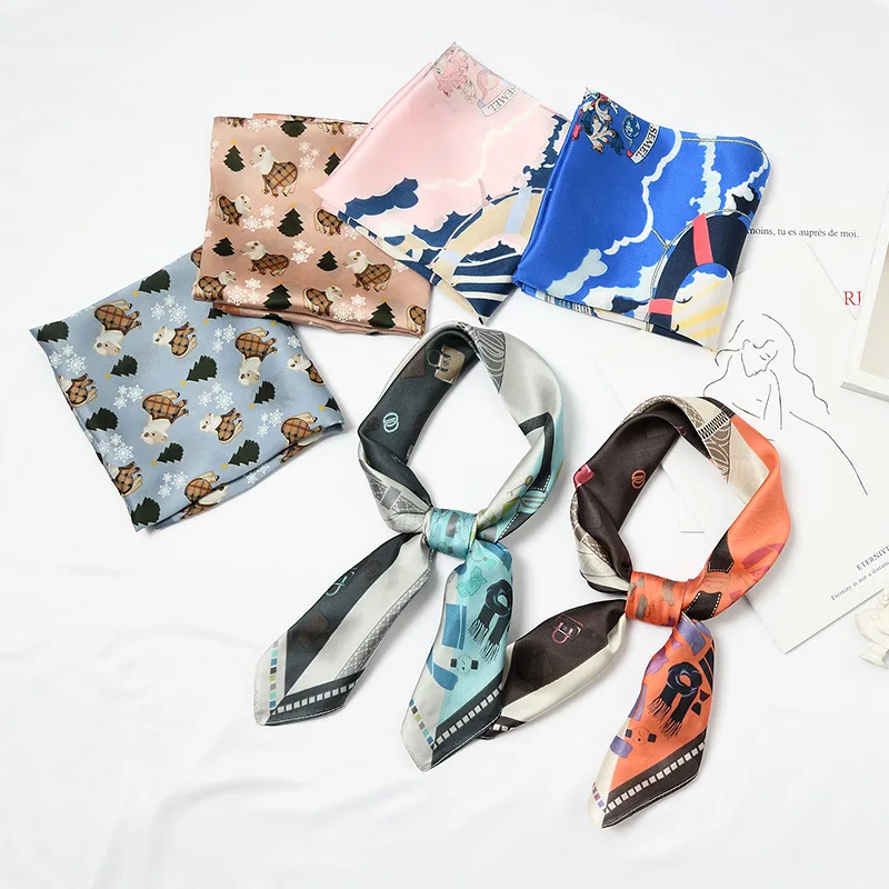 

Women's 2019 spring and summer retro decoration wild casual lattice 70*70cm simulation silk plain small square scarf