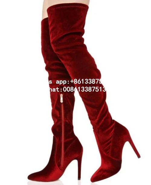 

Drop Shipping Autumn 2017 Women Gorgeous Red Wine/Khaki Velvet Pointed Toe Inner Ankle Zip Closure Pointed Toe Thigh High Boots