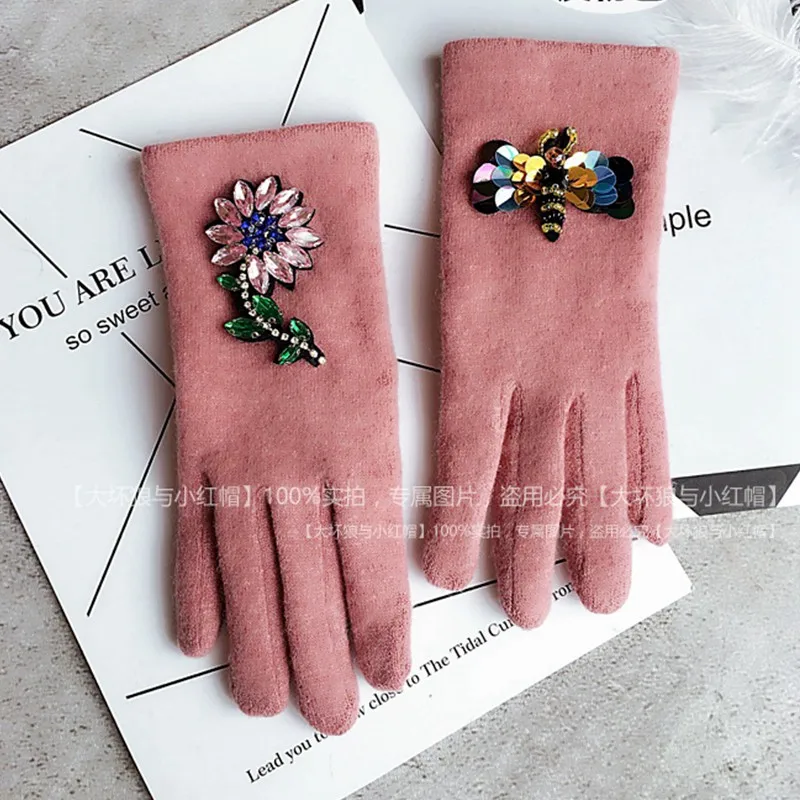 Женские зимние перчатки яркий хрустальный цветок с блестками пчела шерстяные перчатки кашемировые брендовые перчатки варежки для женщин - Цвет: Pink