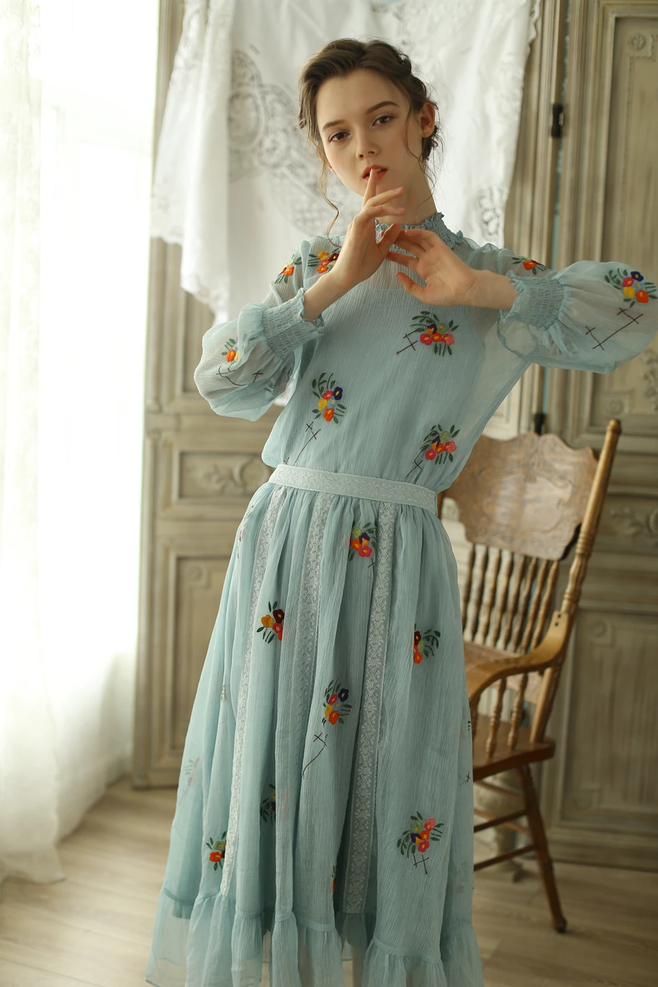 Линетт's chinoisery весна осень для женщин Винтаж Вышивка Мори девушки Кружева Лоскутная блуза рубашка