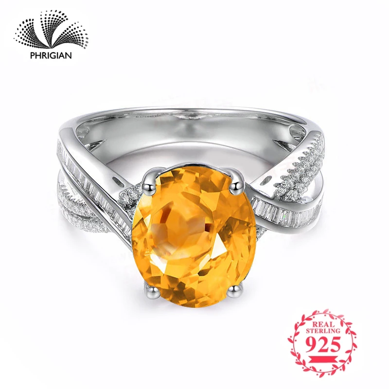 

NOT FAKE Fine natural Engraving Sterling silver gemstone oval cut ring Women custom jewelry 925 carat Yellow Citrine RING