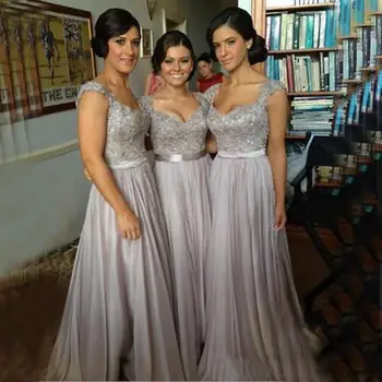 

2020 Custom Made Sexy A-line Cheap Sheer Back Embroidery Beads Ruched Capsleeve Floor-length Chiffon Gray Bridesmaid Dresses